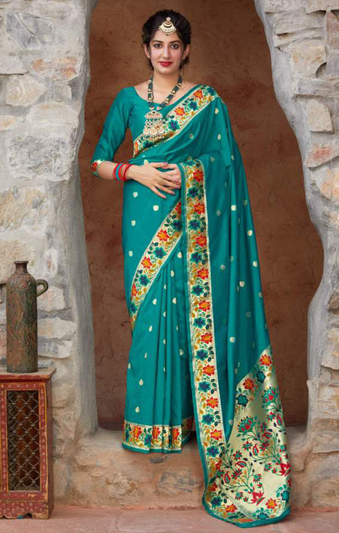 Stunning Sea Green Color Party Wear Banarasi Silk Designer Saree - PAAIE