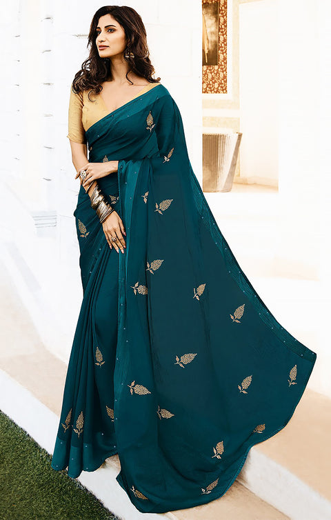 Designer Teal Blue Color Chiffon Saree For Casual & Party Wear (D672)