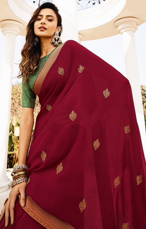 Designer Wine Color Chiffon Saree For Casual & Party Wear (D679)