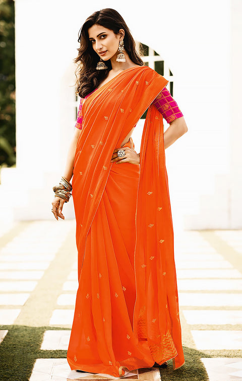 Designer Orange Color Chiffon Saree For Casual & Party Wear (D682)