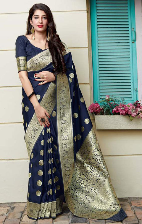 Astonishing Navy Blue Color Party Wear Banarasi Silk Designer Saree - PAAIE