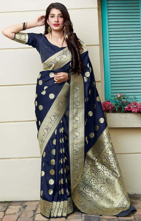 Astonishing Navy Blue Color Party Wear Banarasi Silk Designer Saree - PAAIE