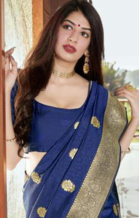 Adorable Navy Blue Color Party Wear Banarasi Silk Designer Saree - PAAIE
