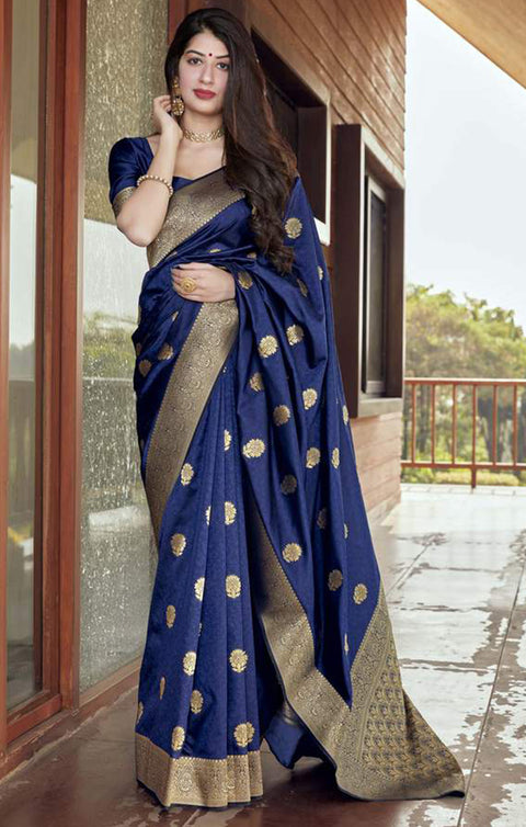 Adorable Navy Blue Color Party Wear Banarasi Silk Designer Saree - PAAIE