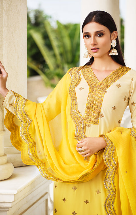 Designer Yellow Color Suit with Pant & Dupatta in Silk (K597)