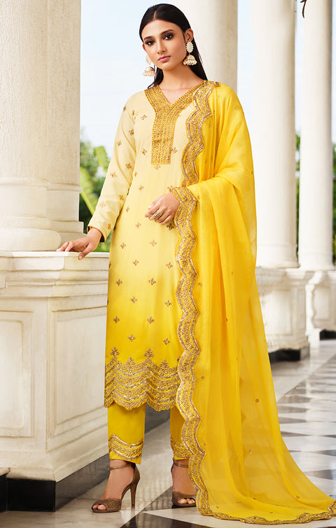 Designer Yellow Color Suit with Pant & Dupatta in Silk (K597)