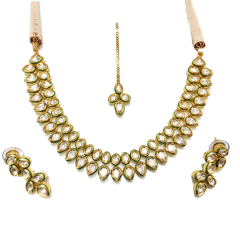 Stunning Double Line Gold Plated Kundan Set - PAAIE