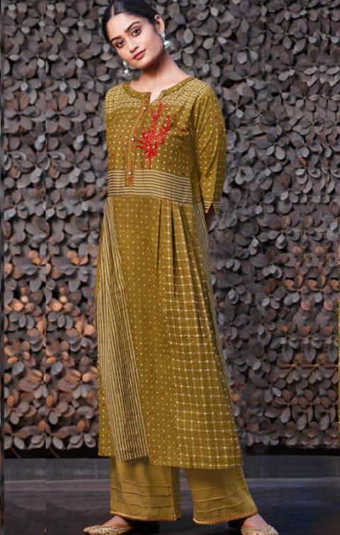 Sensational Olive Green Designer Kurti with Palazzo For Casual and Ethnic Wear (K216) - PAAIE