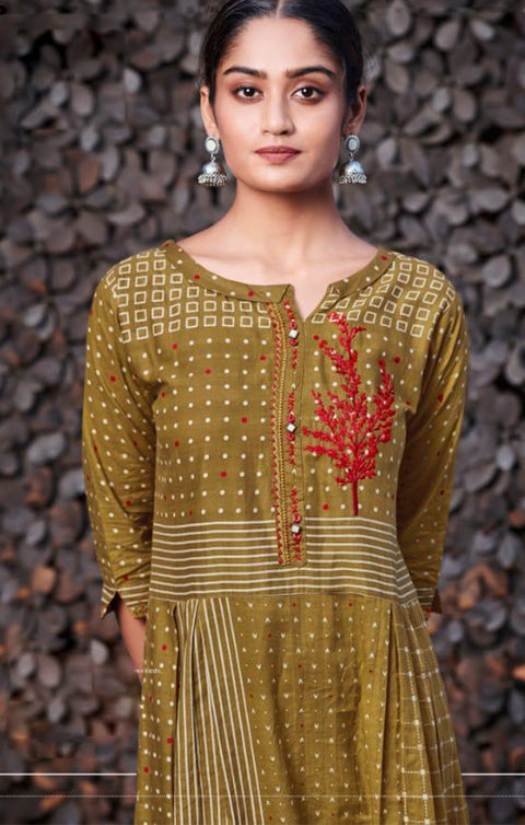 Sensational Olive Green Designer Kurti with Palazzo For Casual and Ethnic Wear (K216) - PAAIE