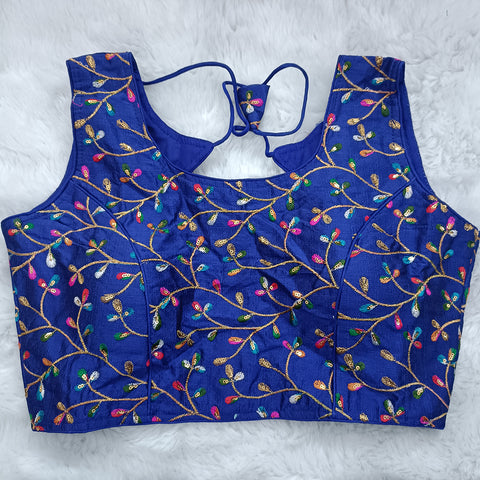 Navy Blue Multicolor Embroidery Designer Readymade Blouse in Silk (Design 466)