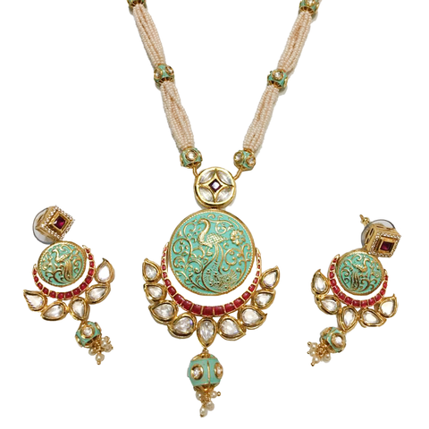 Circular Engraved Mint Gold Plated Necklace Set - PAAIE