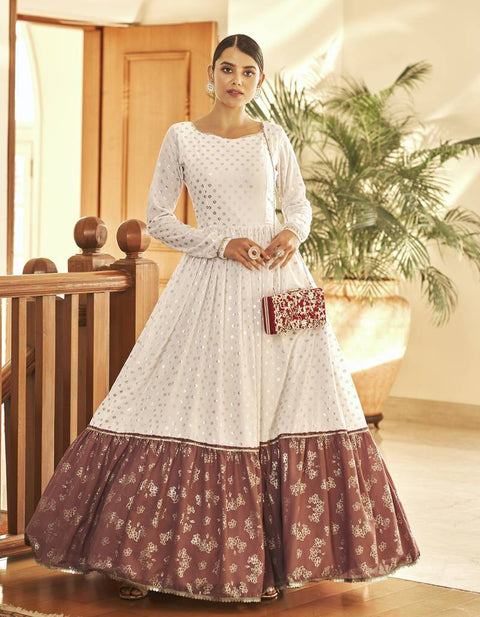 White & Brown Metallic Foilage Print Georgette Anarkali Long Gown (D804)