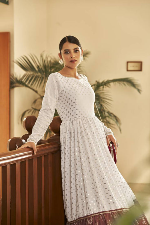 White & Brown Metallic Foilage Print Georgette Anarkali Long Gown (D804)