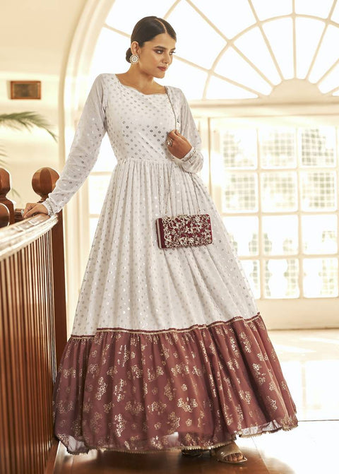 White & Brown Metallic Foilage Print Georgette Anarkali Long Gown (D804)