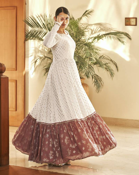 White & Brown Metallic Foilage Print Georgette Anarkali Long Gown (D804)