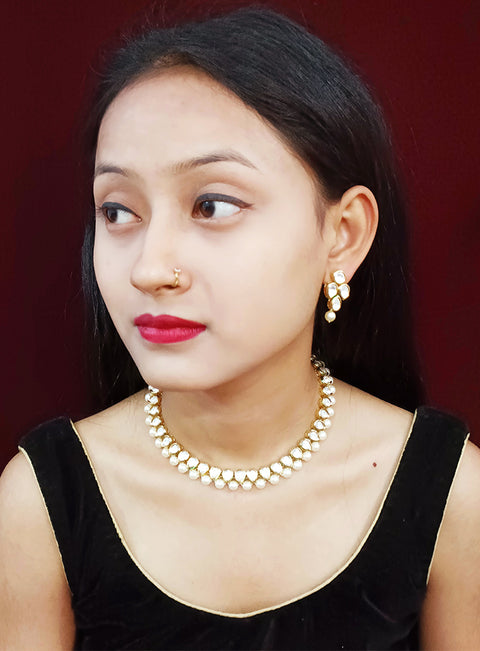Designer Gold Plated Single Layer Royal Kundan & Pearl Necklace with Earrings (D258)