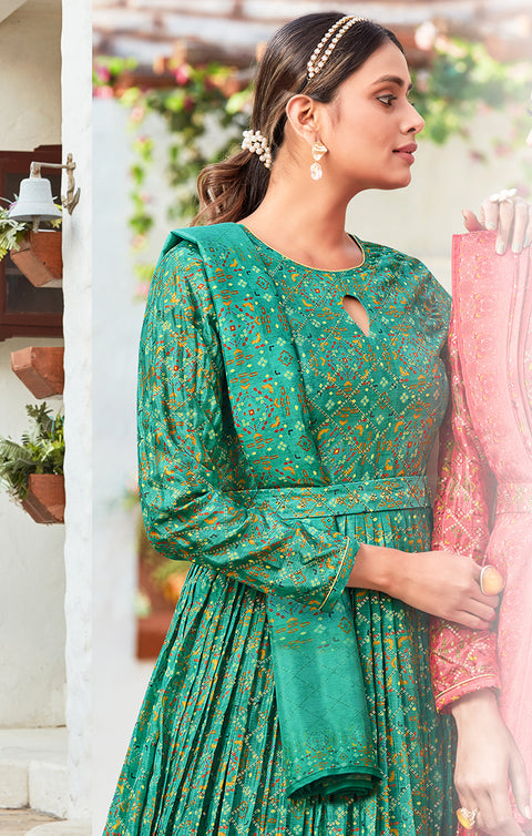 Designer Green Color Suit with Dupatta in Chinon (K611)