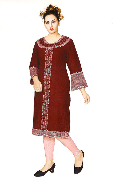 Gorgeous Maroon Color Woolen Ethnic Kurti For Casual Wear (K415)