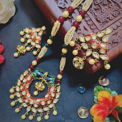 Peacock design Kundan Pearl Necklace Set (D967)