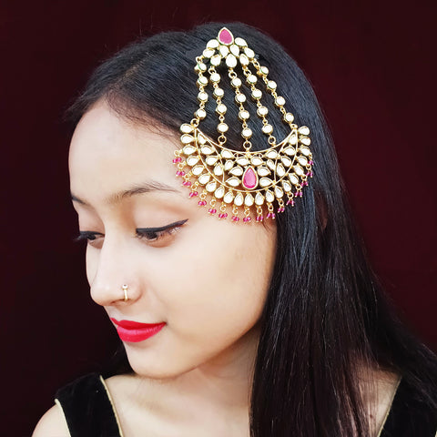 Designer Gold Plated Royal Kundan & Ruby Jhumar Passa for Bridal (D15)