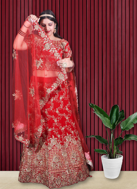 Designer Bridal Heritage Maroon & Gold-Toned Heavy Embroidered Velvet Lehenga Choli (D143)