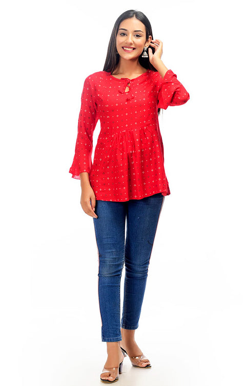Vibrant Red Color Indian Ethnic Short Kurti For Casual Wear (K343) - PAAIE