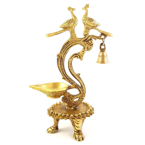 Ethnic Carved Twin Peacock Over Brass Diya, Indian Decor Diya, Brass Oil Lamp, Indian Houseware, Brass Decorative Diyas (Design 54)