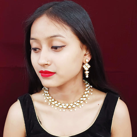 Designer Gold Plated Two Layer Royal Kundan Necklace with Earrings (D276)
