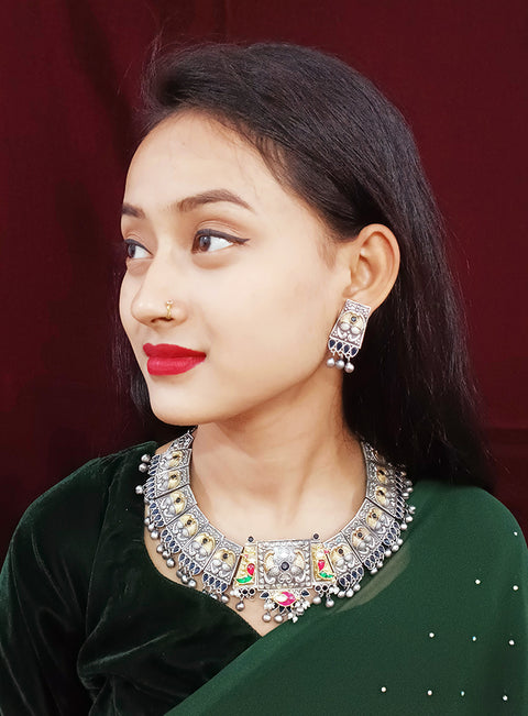 Designer Silver Oxidized & Gold Enameled Blue Beaded Necklace Set (D269)