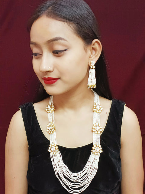 Designer White Beaded Kundan Necklace with Earrings (D148)