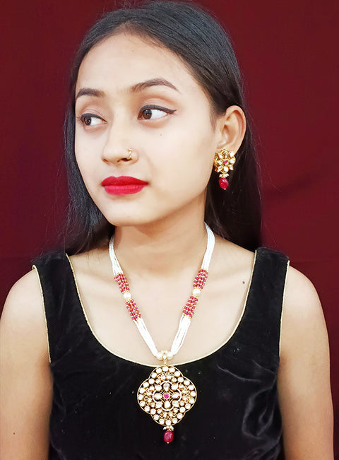 Designer Gold Plated Royal Kundan Pendant with Red & White Beaded Chain Set (D247)