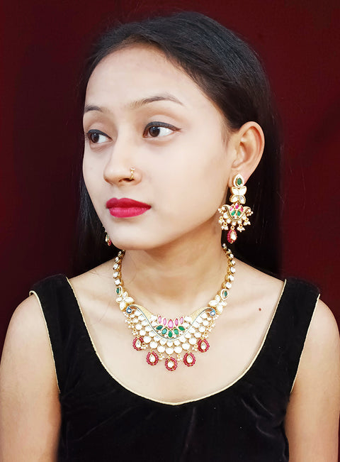 Designer Gold Plated Two Layer Royal Kundan, Ruby & Green Bead Necklace with Earrings (D252)