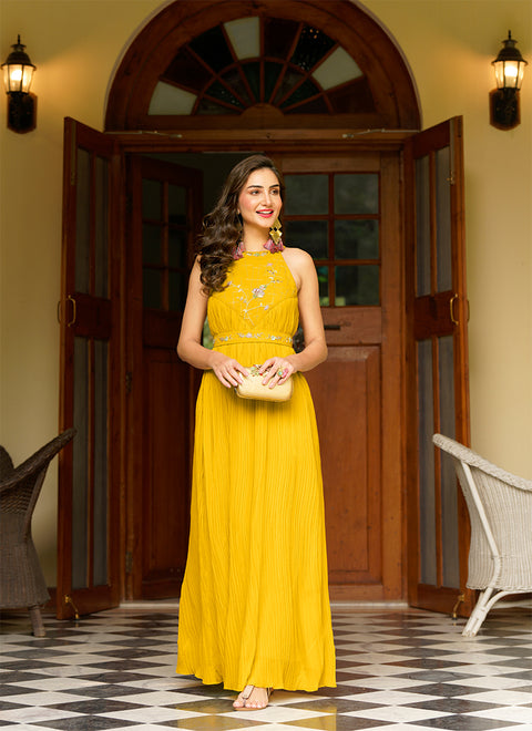 Beautiful Mustard Yellow Georgette Embellished Indo Western Maxi Gown (K793)