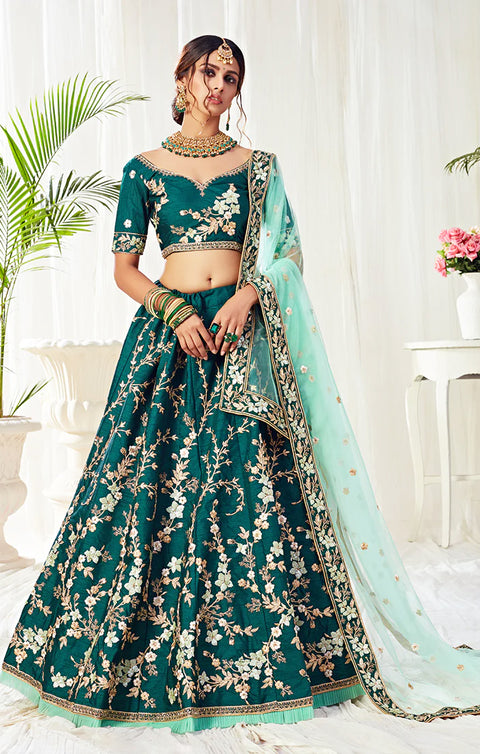 Designer Engagement Dark Green And Mint Embroidered Silk Lehenga Choli (D21)