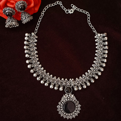 Designer Silver Oxidized & Black Color Beaded Necklace Set (D275)