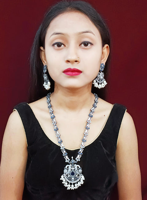 Designer Silver Oxidized & Blue Beaded Long Necklace Set (D270)