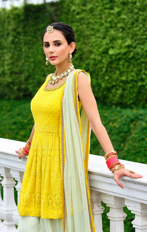 Designer Yellow Color Suit with Dupatta In Georgette & Chinon with Embroidery Work (K454)