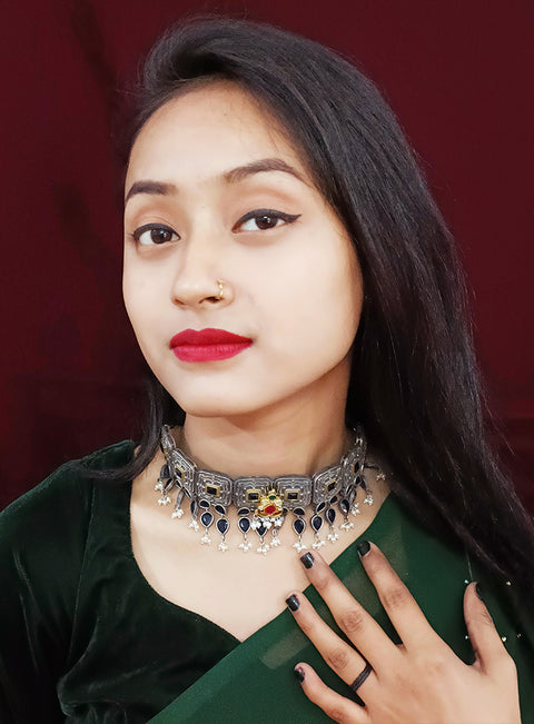 Designer Silver Oxidized & Blue Beaded Necklace Set (D267)