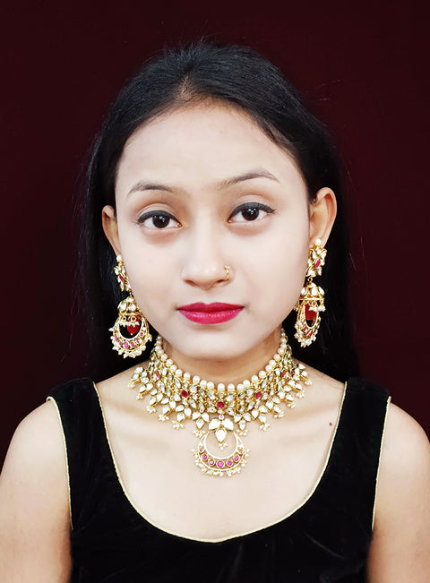 Designer Gold Plated Multi Layer Royal Kundan & Ruby Necklace with Earrings (D262)