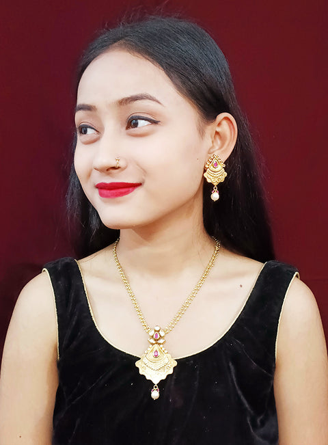 Designer Gold Plated Royal Kundan Ruby Pendant Set (D241)