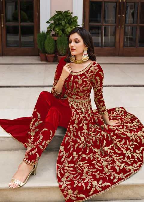 Red Colored Heavy Floral Embroidered Stitched Anarkali Pant Suit (D867)