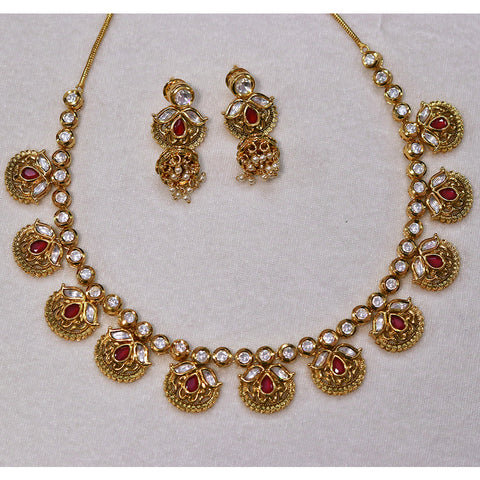 Designer Gold Plated Royal Kundan Ruby Necklace With Earrings (D581)
