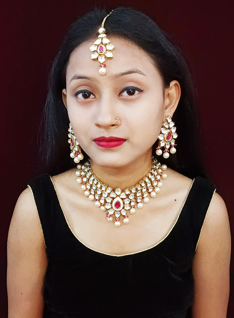 Designer Gold Plated Three Layer Royal Kundan & Pearl Necklace with Earrings (D261)