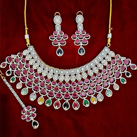 Bridal Multi Color American Diamond Necklace with Earrings (D127) - PAAIE
