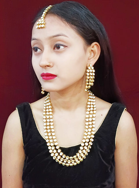 Designer Gold Plated Three Layer Royal Kundan Long Necklace with Earrings (D263)
