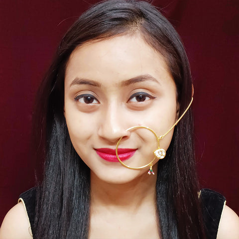 Gold Plated Royal Kundan Studded Nose Ring with Chain - NATH (Design 4)