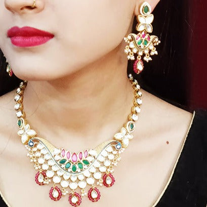 Designer Gold Plated Two Layer Royal Kundan, Ruby & Green Bead Necklace with Earrings (D252)