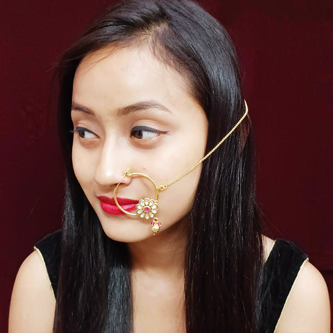 Gold Plated Royal Kundan Studded Nose Ring with Chain - NATH (Design 7)
