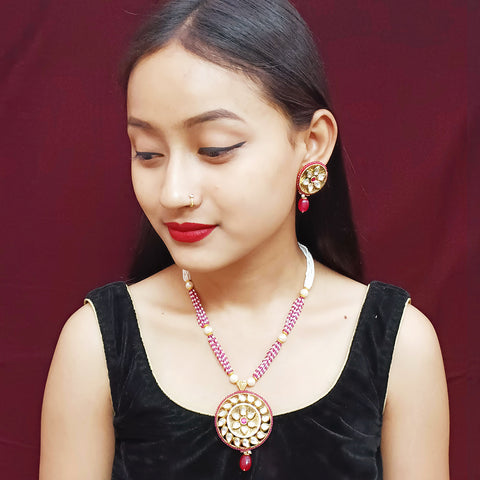 Designer Gold Plated Royal Kundan Ruby Pendant Set (D300)