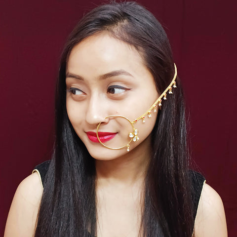 Gold Plated Royal Kundan Studded Nose Ring with Chain - NATH (Design 11)